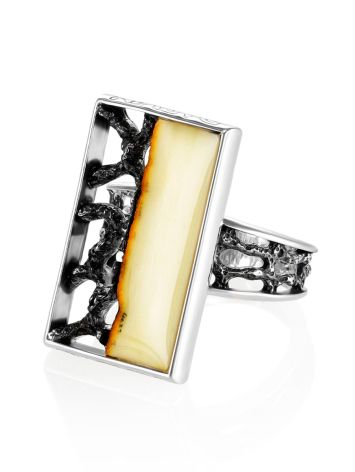 Geometric Silver Cocktail Ring With Cloudy Amber The Lava, Ring Size: Adjustable, image , picture 3