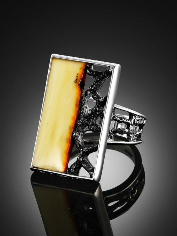 Geometric Silver Cocktail Ring With Cloudy Amber The Lava, Ring Size: Adjustable, image , picture 2