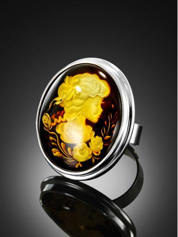 Lemon Amber Cameo Ring In Sterling Silver The Nymph, Ring Size: Adjustable, image , picture 2