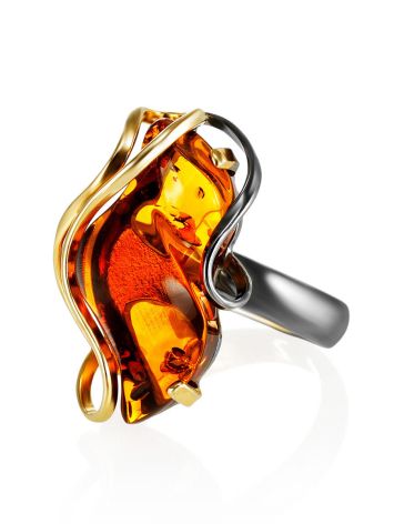 HANDCRAFTED GOLD PLATED COCKTAIL RING WITH COGNAC AMBER THE RIALTO, Ring Size: Adjustable, image , picture 3