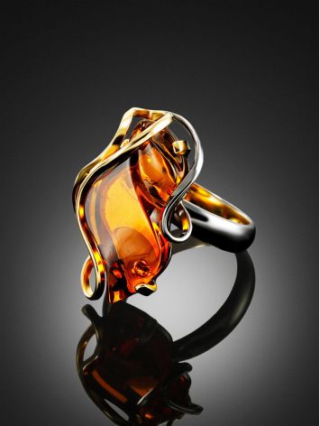HANDCRAFTED GOLD PLATED COCKTAIL RING WITH COGNAC AMBER THE RIALTO, Ring Size: Adjustable, image , picture 2