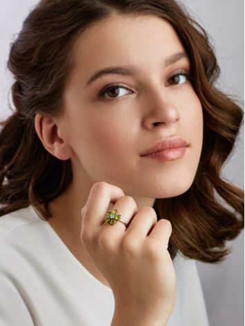 Luminous Floral Design Silver Chrysolite Ring, Ring Size: 5.5 / 16, image , picture 3