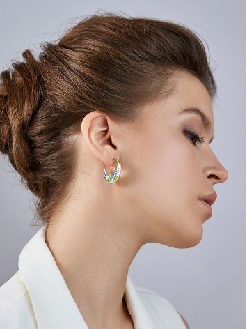 Floral Design Silver Enamel Hoop Earrings, image , picture 3