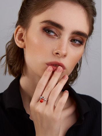 Floral Silver Ring With Reconstructed Coral Centerpiece The Kalina, Ring Size: 8 / 18, image , picture 3