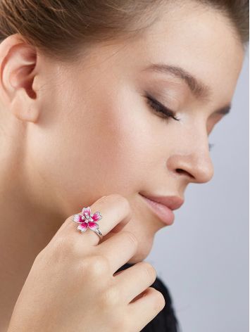 Pink Enamel Flower Ring With Crystals, Ring Size: 8 / 18, image , picture 3