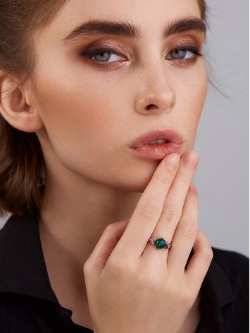 Classy Silver Reconstituted Malachite Ring With Crystals, Ring Size: 6 / 16.5, image , picture 4