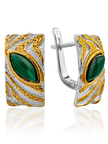 Textured Gilded Silver Malachite Earrings, image 