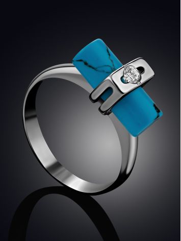 Stylish Silver Reconstituted Turquoise Ring With Crystal, Ring Size: 6.5 / 17, image , picture 2