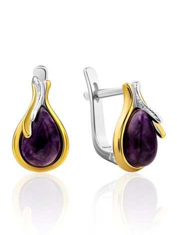 Tulip Motif Gilded Silver Charoite Earrings, image 