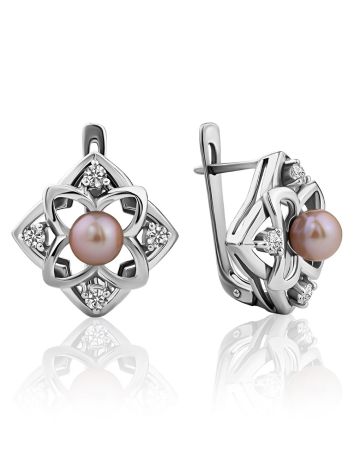 Ornate Silver Pearl Earrings With Crystals, image 