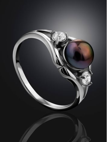 Classy Silver Dark Pearl Ring With Crystals, Ring Size: 8.5 / 18.5, image , picture 2
