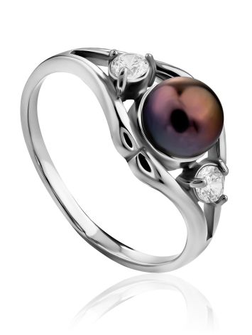 Classy Silver Dark Pearl Ring With Crystals, Ring Size: 8.5 / 18.5, image 