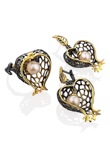 Designer Pomegranate Motif Silver Pearl Dangle Earrings, image , picture 4