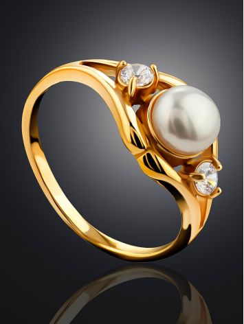 Refined Gilded Silver Pearl Ring With Crystals, Ring Size: 11.5 / 21, image , picture 2