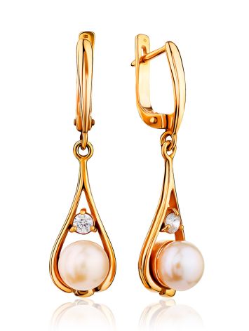 Fabulous Gilded Silver Pearl Dangle Earrings With Shimmering Crystals, image 