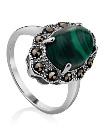 Vintage Style Silver Reconstituted Malachite Ring The Lace, Ring Size: 8 / 18, image 