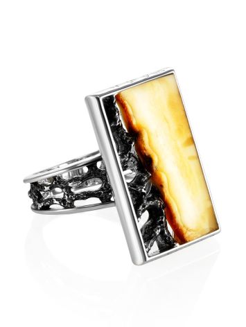 Geometric Silver Adjustable Ring With Cloudy Amber The Lava, Ring Size: Adjustable, image 