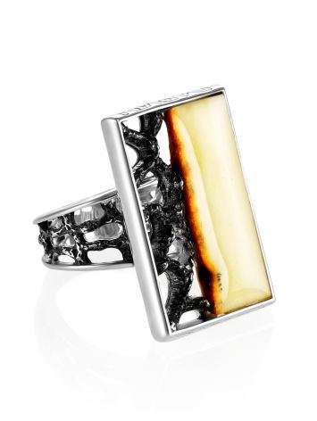 Geometric Silver Cocktail Ring With Cloudy Amber The Lava, Ring Size: Adjustable, image 
