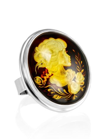 Lemon Amber Cameo Ring In Sterling Silver The Nymph, Ring Size: Adjustable, image 