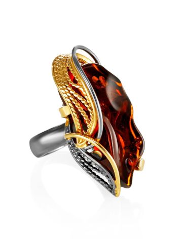 Charming Handmade Cognac Amber Ring In Gold-Plated Silver The Dew, Ring Size: Adjustable, image 