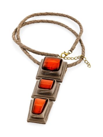 One-Of-A-Kind Leather Necklace With Luminous Amber Stones, image , picture 3