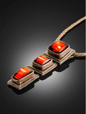 One-Of-A-Kind Leather Necklace With Luminous Amber Stones, image , picture 2
