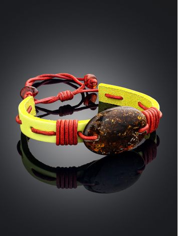 Yellow Leather Tie Bracelet With Green Amber The Copacabana, image , picture 2