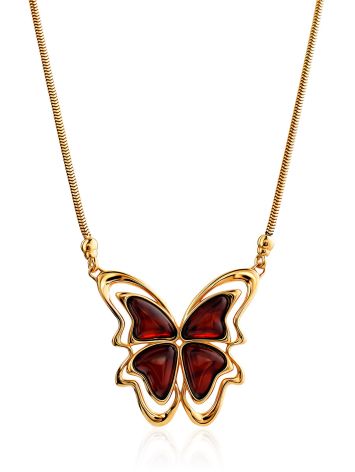 Chic Butterfly Motif Amber Pendant Necklace, image 