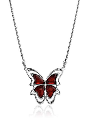 Butterfly Motif Amber Pendant Necklace, image 