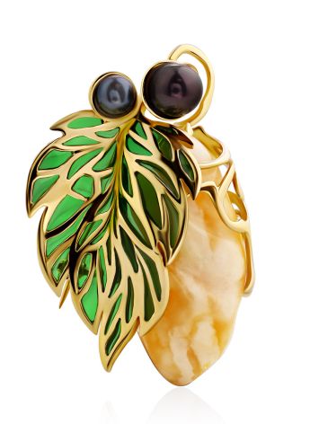 Floral Motif Amber And Pearl Brooch, image 