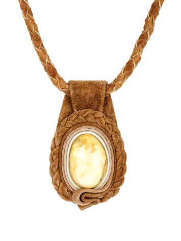 Designer Leather Amber Pendant Necklace, image 