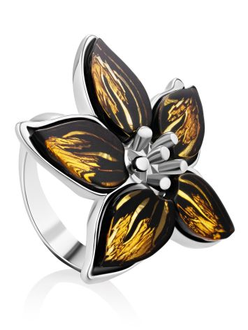 Floral Design Silver Amber Adjustable Ring, Ring Size: Adjustable, image 