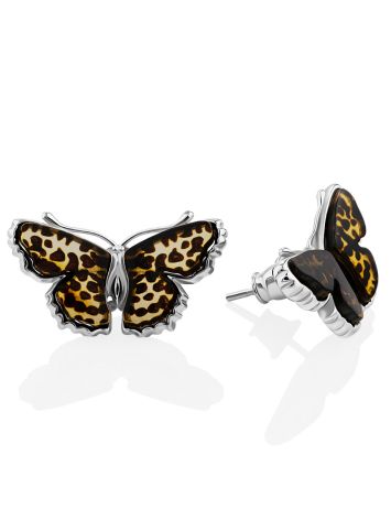 Butterfly Design Amber Stud Earrings, image 