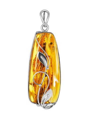 Floral Motif Silver Amber Pendant, image 