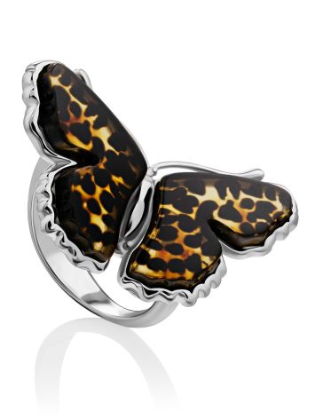 Butterfly Design Silver Amber Ring, Ring Size: Adjustable, image 