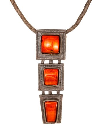 One-Of-A-Kind Leather Necklace With Luminous Amber Stones, image 