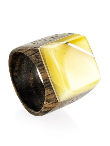 Wood Ring With White Amber The Indonesia, Ring Size: 5 / 15.5, image 