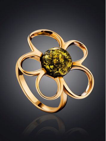 Adorable Floral Ring In Gold-Plated Silver With Green Amber The Daisy, Ring Size: 12 / 21.5, image , picture 2