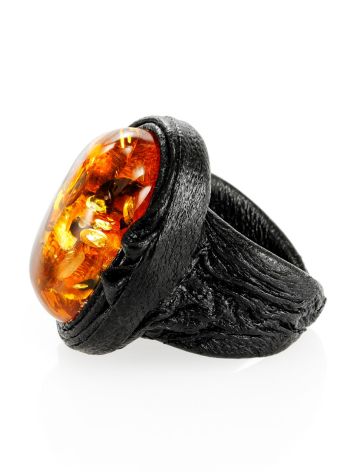 Dark Leather Open Ring With Cherry Amber The Nefertiti, Ring Size: Adjustable, image , picture 3