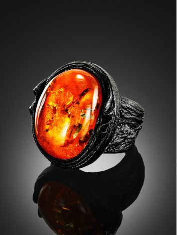 Dark Leather Open Ring With Cherry Amber The Nefertiti, Ring Size: Adjustable, image , picture 2