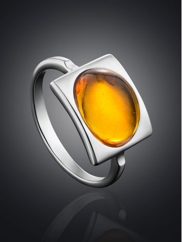 Geometric Silver Ring With Cognac Amber The Saturn, Ring Size: 5.5 / 16, image , picture 2