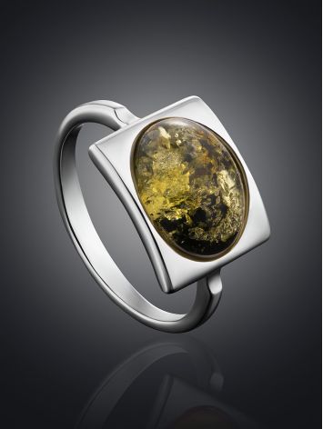 Sterling Silver Ring With Oval Green Amber Stone The Saturn, Ring Size: 9 / 19, image , picture 2