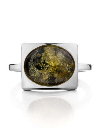 Sterling Silver Ring With Oval Green Amber Stone The Saturn, Ring Size: 9.5 / 19.5, image , picture 3