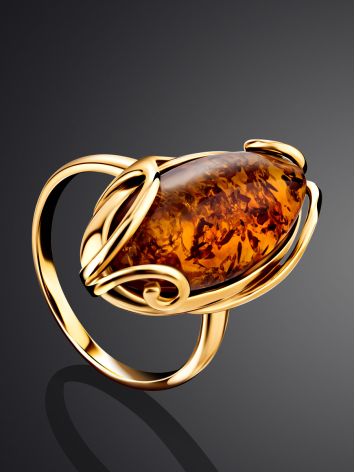 Natural Cognac Amber Ring In Gold-Plated Silver The Rococo, Ring Size: 5.5 / 16, image , picture 2