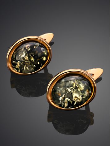 Oval Golden Earrings With Luminous Green Amber The Amigo, image , picture 2