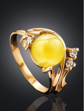 Charming Gold-Plated Ring With Honey Amber And Crystals The Swan, Ring Size: 13 / 22, image , picture 2