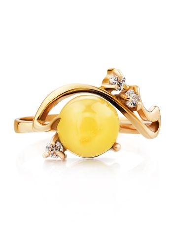Charming Gold-Plated Ring With Honey Amber And Crystals The Swan, Ring Size: 13 / 22, image , picture 3