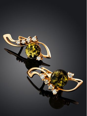 Green Amber Earrings In Gold With Crystals The Swan, image , picture 2