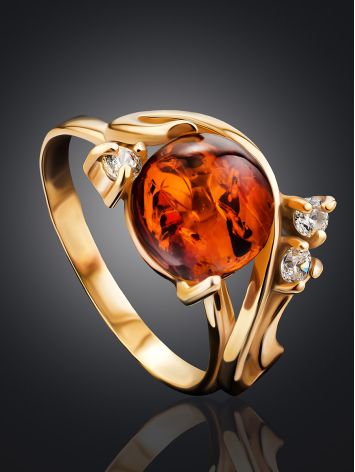 Bright Cognac Amber Ring In Gold-Plated Silver With Crystals The Swan, Ring Size: 12 / 21.5, image , picture 2