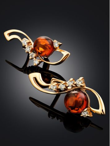 Elegant Amber Earrings In Gold-Plated Silver The Swan, image , picture 2